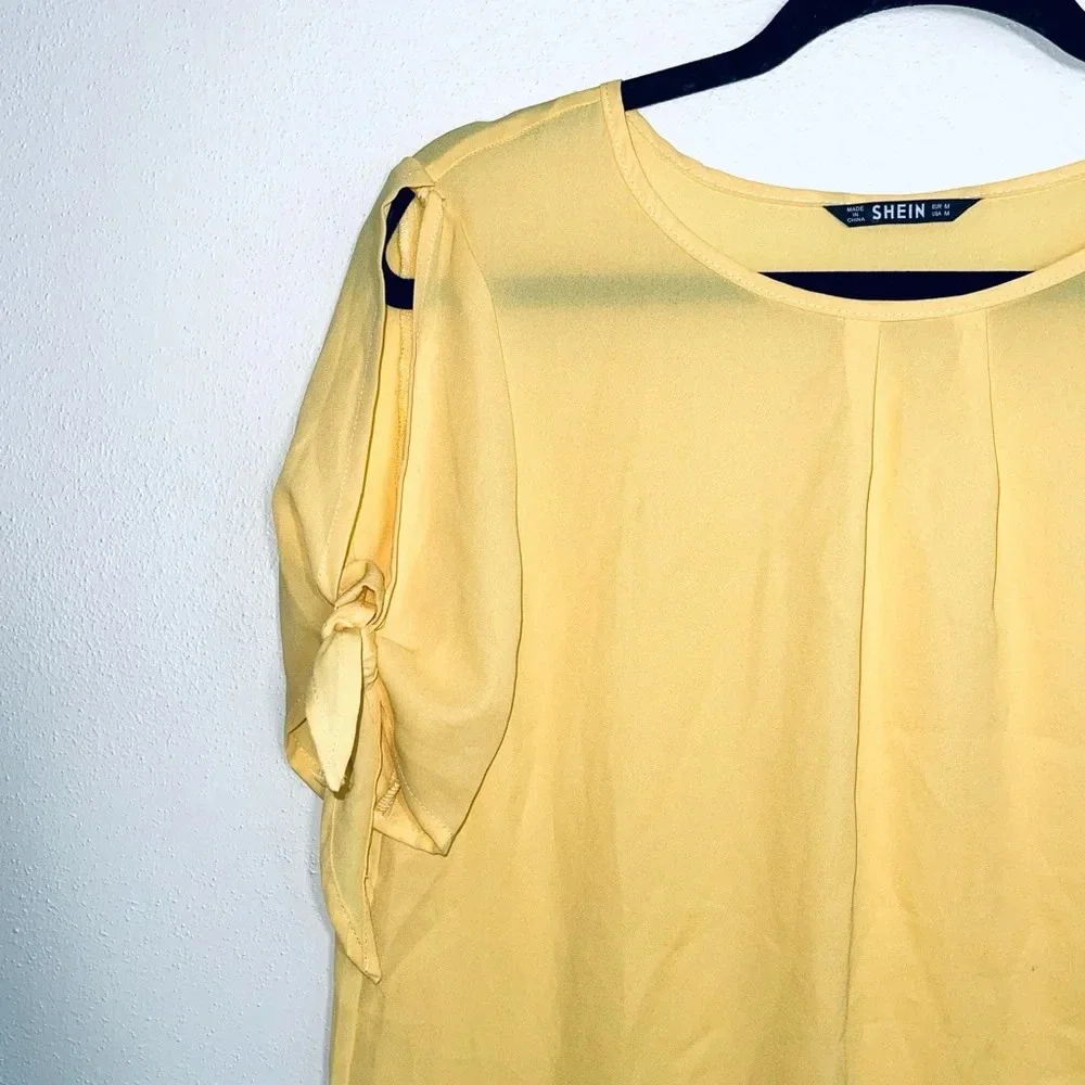 Shein Lemon Yellow Open Keyhole Tie Sleeve Blouse Medium Women’s